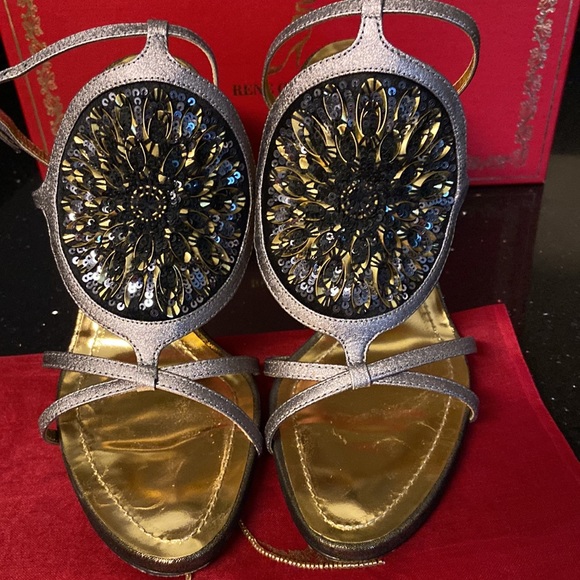 Rene Caovilla "Rosa" Black Sequin Medallions Gold & Platinum High Heel Sandals - Picture 3 of 16